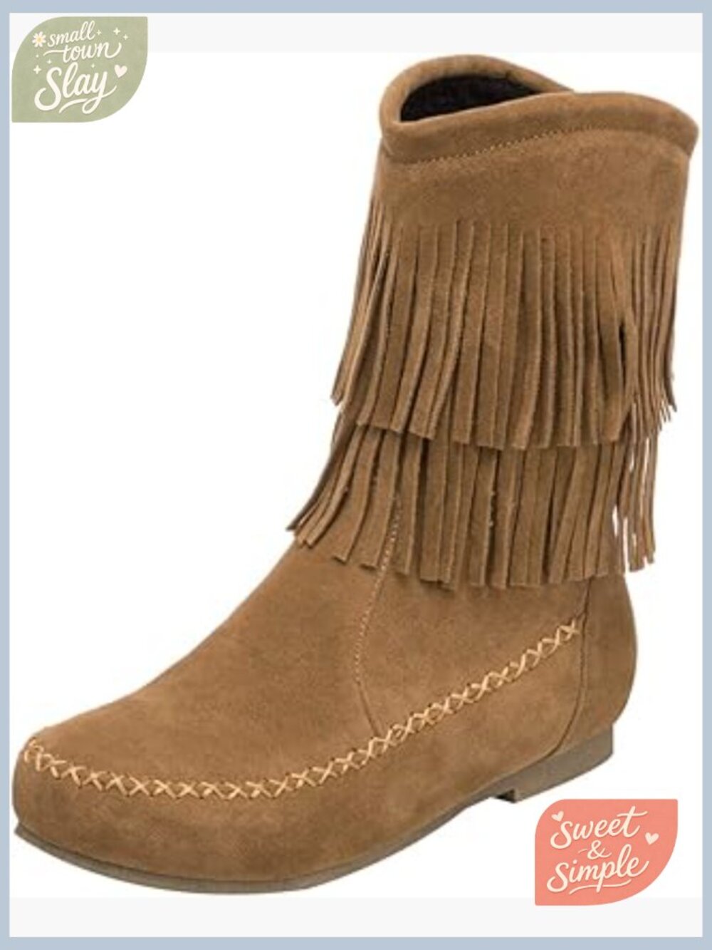 Faux Suede Mocc with Double Fringe, Mid-Calf Height, Slip-On